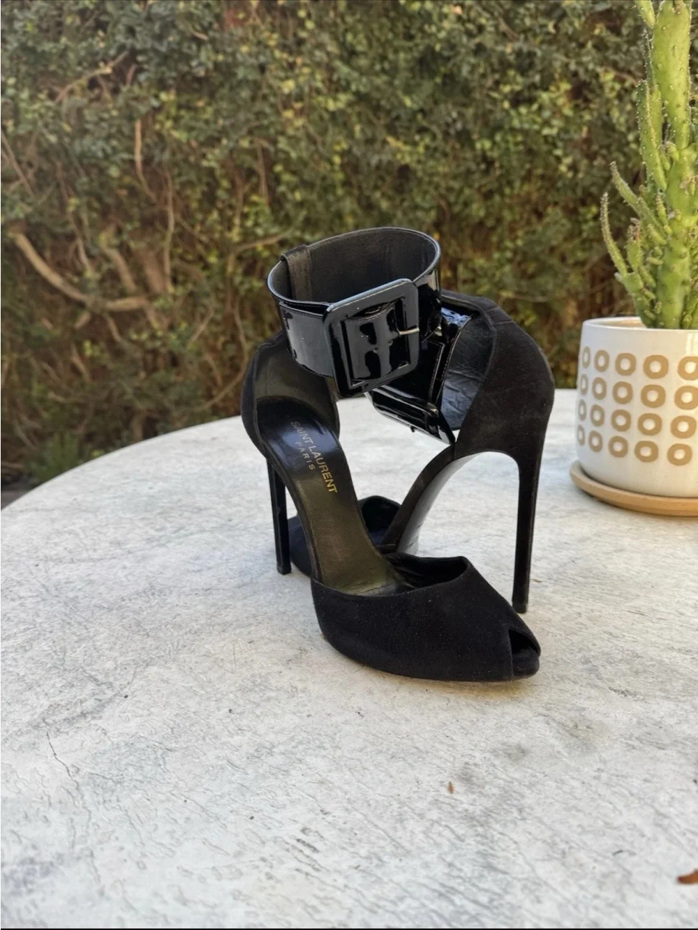 Saint Laurent Black Suede Peep-Toe Stiletto Heels with Patent Ankle Buckle - Picture 2 of 6
